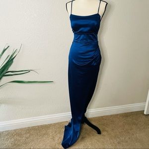 Blue Satin Ruched Lace Up Slitted Gown Dress